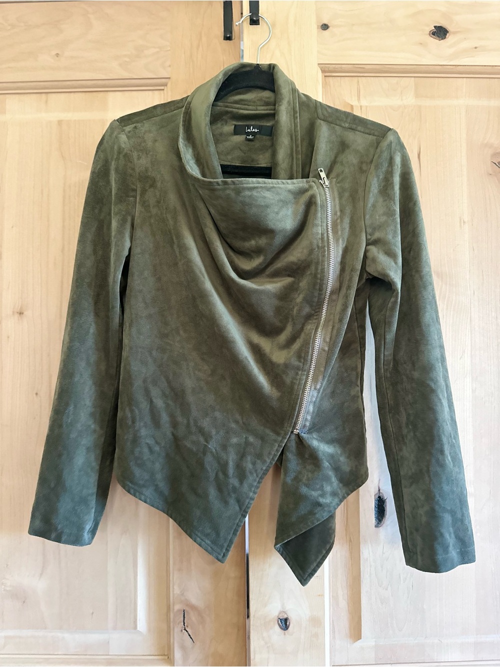 Lulu's Olive Green Faux Suede Asymmetric Moto Jacket